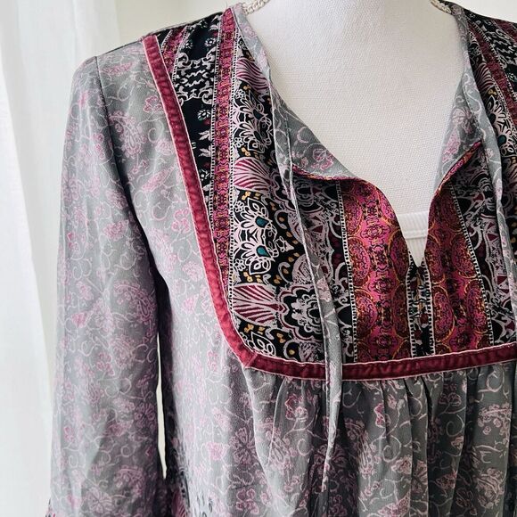 Knox Rose Gray & Red Billowy Chiffon Boho Blouse w/ Velvety Trim XS Cottagecore - Picture 2 of 8